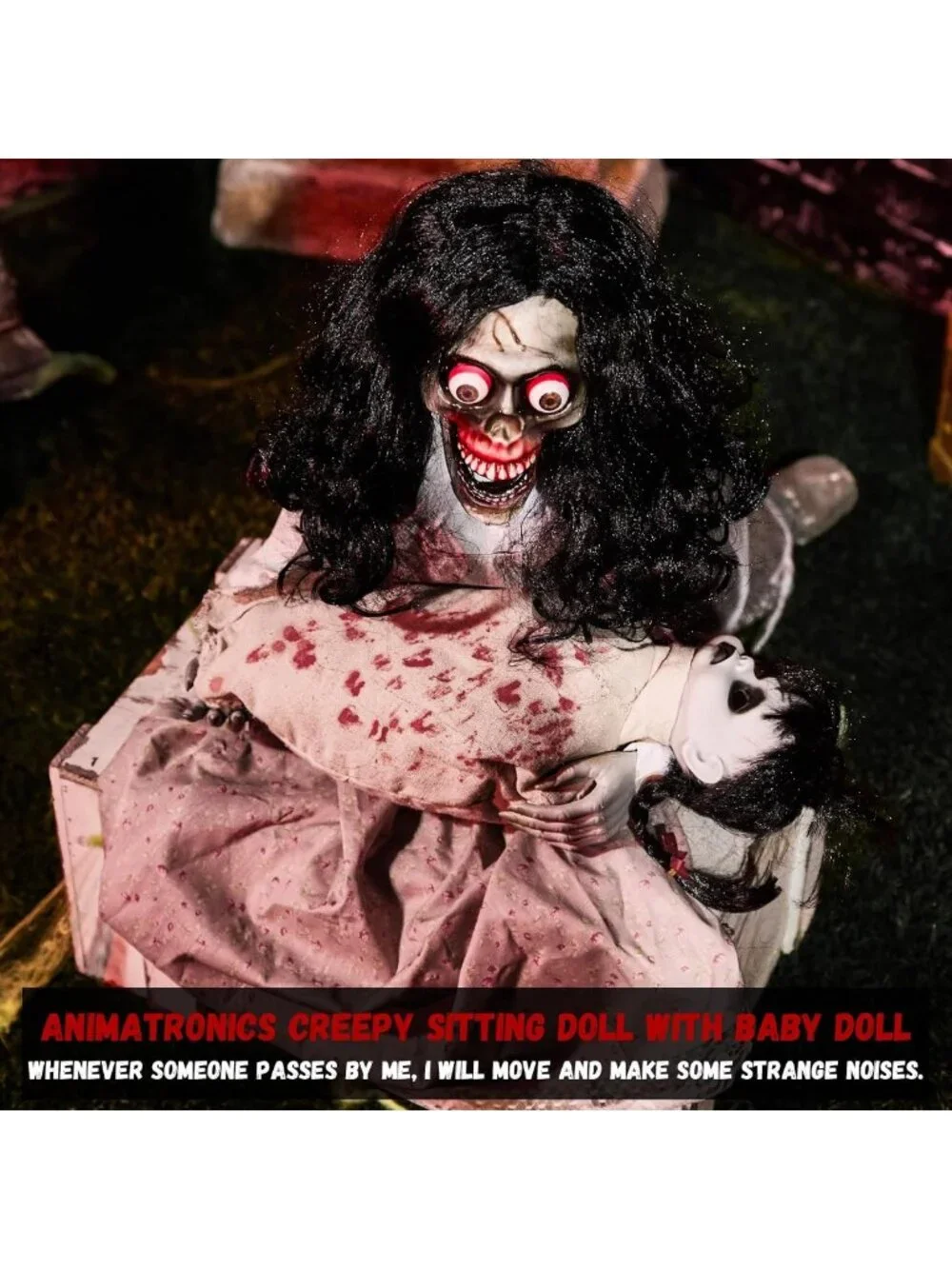 Creepy Sitting Skeleton & Doll Animatronics with Sound, Light Up Eyes